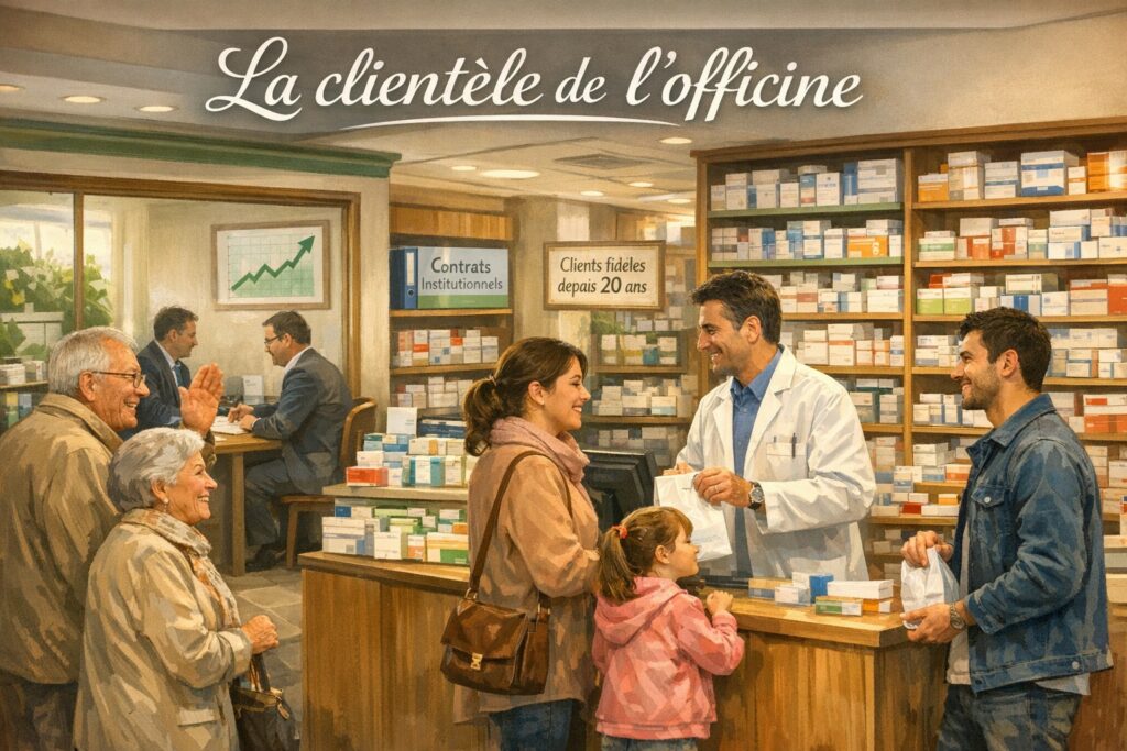 Illustration numérique réaliste représentant l’intérieur chaleureux et organisé d’une pharmacie de quartier en France. Plusieurs clients réguliers (personnes âgées, familles, jeunes adultes) sont présents, certains saluant le pharmacien, d’autres recevant leurs médicaments, créant une atmosphère conviviale de fidélité. En arrière-plan, une zone discrète montre un contrat affiché ou signé entre le pharmacien et un représentant d’un établissement de santé (maison de retraite ou hôpital). Des éléments subtils comme un graphique en hausse, un classeur marqué contrats institutionnels et une affichette clients fidèles depuis 20 ans renforcent l’idée de stabilité et de valeur commerciale. Lumière naturelle, ambiance rassurante et professionnelle. et inclut cette phrase sur l'image  « La clientèle de l'officine ».