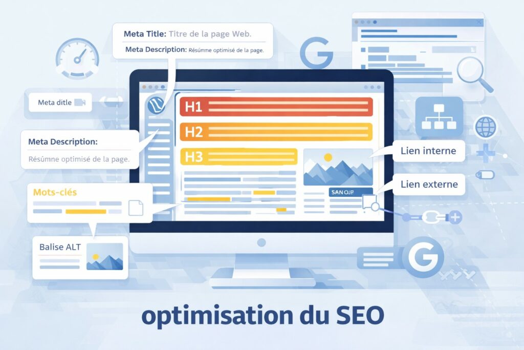 Illustration réaliste, en style flat design semi-isométrique, représentant l’interface d’un site web en cours d’optimisation SEO. L’écran principal d’un ordinateur affiche une page WordPress avec la structure HTML visible en surimpression : H1, H2, H3 mis en évidence par des encadrés colorés. Sur le côté, des bulles explicatives pointent différents éléments techniques : balise meta title et description, champ d’édition de texte avec mots-clés surlignés, image avec balise ALT, lien interne en surbrillance, lien externe vers une source fiable (ex : icône globe ou chaîne). En arrière-plan, des icônes discrètes représentant la vitesse de chargement, un sitemap, et une loupe symbolisant Google. Ambiance professionnelle, fond clair et épuré, avec des teintes bleu clair, blanc et gris. Le tout organisé de façon pédagogique et esthétique pour illustrer les bonnes pratiques du SEO on-site. Aucun texte illisible, mais des icônes et représentations claires.